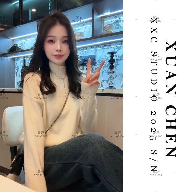 【浪漫计划】毛衣女款爆款2025新款洋气韩版设计感半高领针织衫9285