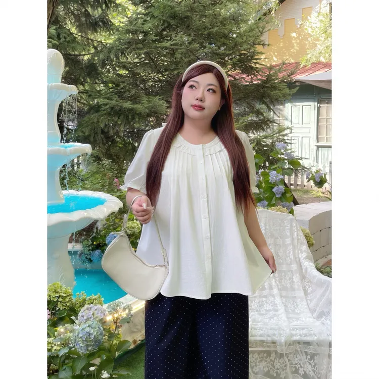 花契“汐风甜盏”大码女装夏季简约200斤胖mm设计感娃娃衫17653-C