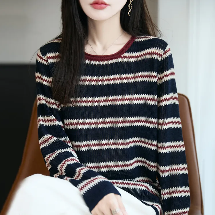 哥弟阿玛施正品秋季新款羊毛衫女圆领显瘦上衣法式条纹洋气针织衫