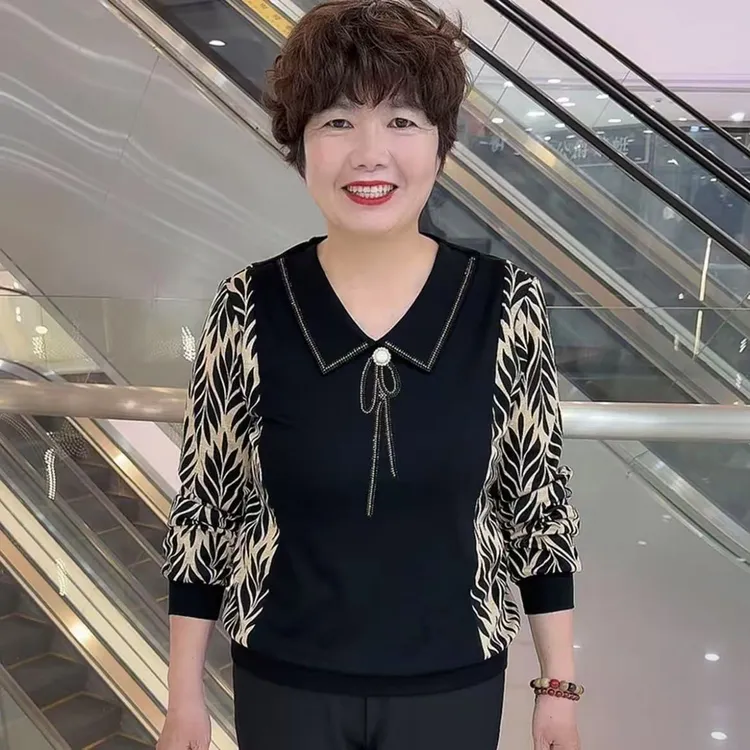 秋季新款时尚翻领印花时尚百搭宽松显瘦中年妈妈装长袖女士上衣