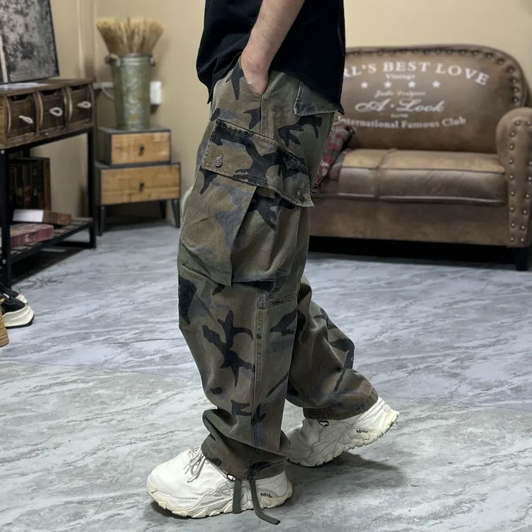 【玖澍】235黄迷彩秋冬新款复古风迷彩休闲裤直筒流浪丹宁风工装裤