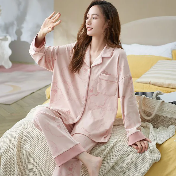 甜美卡通小熊睡衣女春秋季精仿棉质长袖套装宽松舒适家居服秋冬款