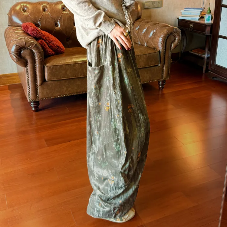 棕绿色复古微弹力休闲裤丝绒碎花国风印花宽松小众设计轻奢气球裤