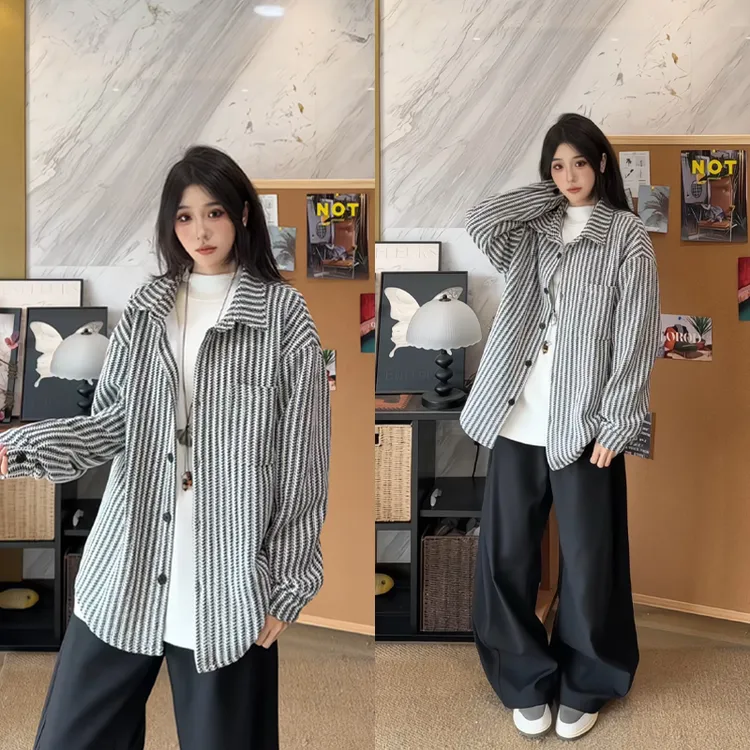 雪尼尔重磅鱼骨纹夹克男款秋冬加绒美式条纹衬衫高级感小香风外套