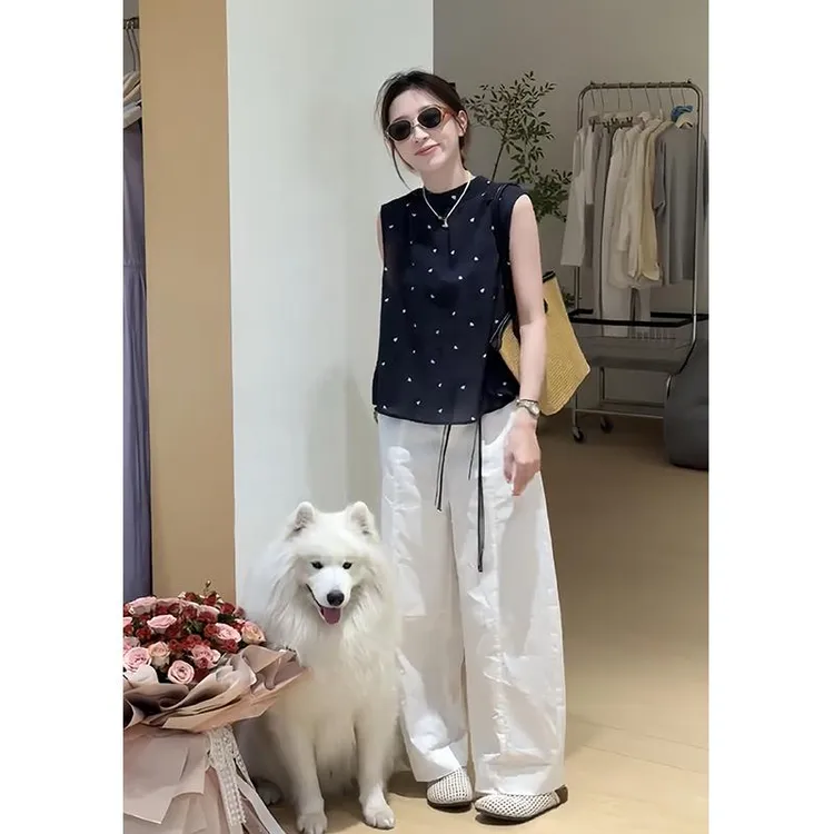 韩系穿搭一整套女夏设计感无袖衬衫波点上衣高腰夏多温柔春秋套装