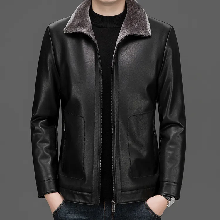 【口袋拉链】男士皮毛一体山羊皮冬季保暖加绒加厚真皮翻领皮衣
