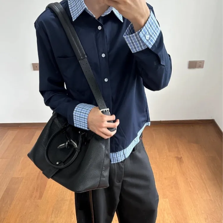 美式复古假两件拼接长袖衬衫男秋季新款高级感衬衣情侣装潮牌外套