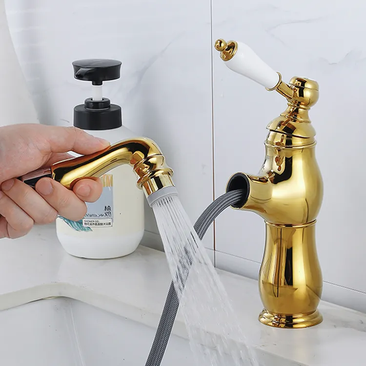 法式复古抽拉式冷热水龙头全铜卫生间洗脸盆伸缩仿古面盆欧式单孔