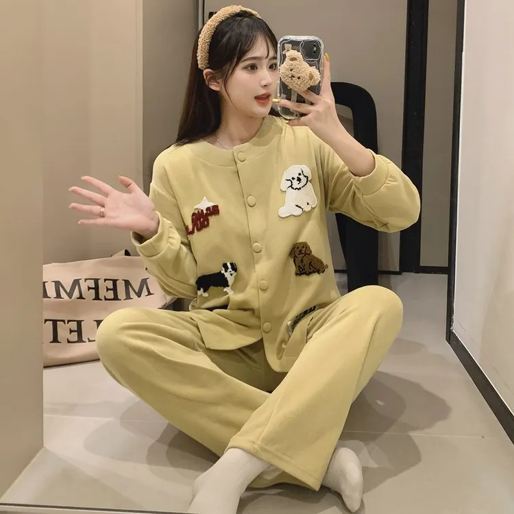 秋冬款慵懒风长袖睡衣卡通可爱开衫长裤女羊绒外穿保暖家居服套装