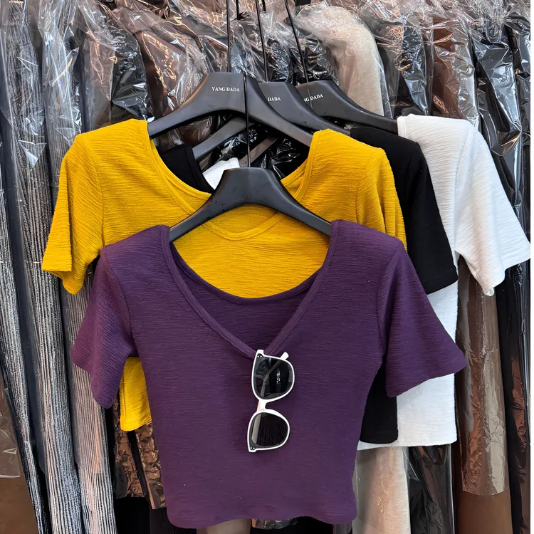 现货【两面穿】夏季带垫肩V领中高腰辣妹T恤显瘦百搭纯欲V领女上衣