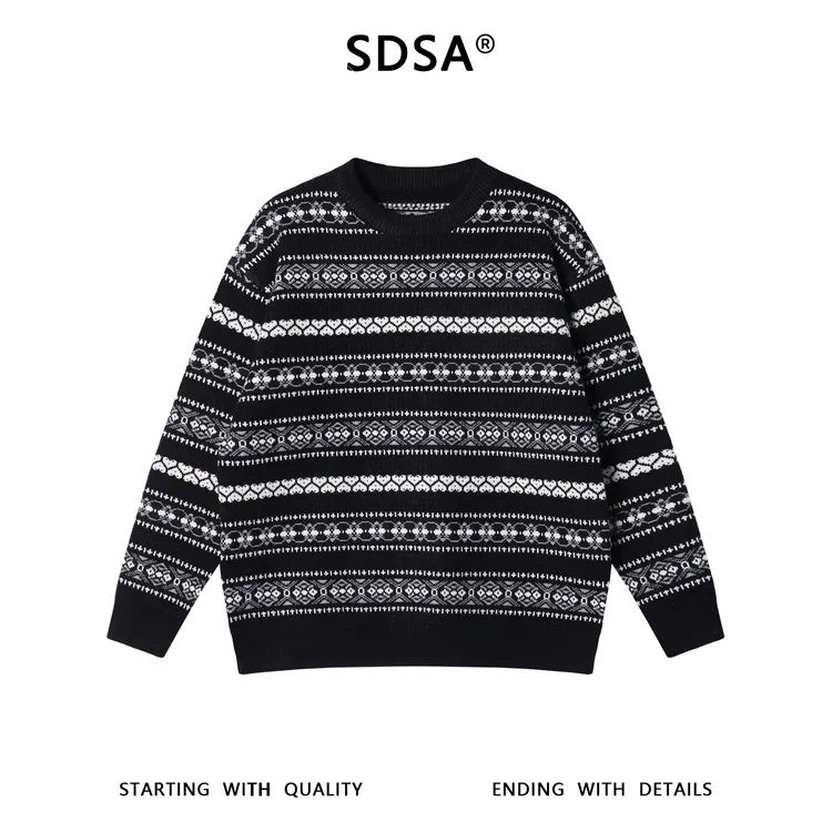 SDSA男士秋冬新款痞帅男装潮牌撞色提花条纹圆领毛衣宽松百搭上衣