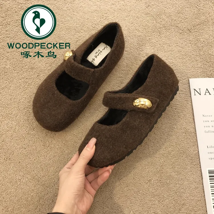 啄木鸟复古晚晚风灰色毛呢料一字带玛丽珍鞋子勃肯鞋子2025晚晚鞋