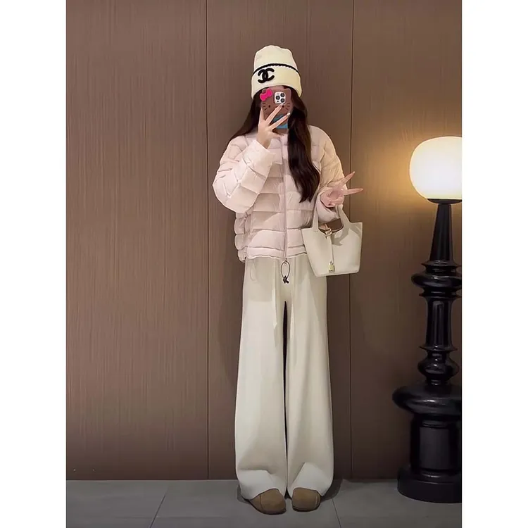 韩系针织拼接立领保暖棉服女冬季2025新款甜美风排骨圆领棉衣外套