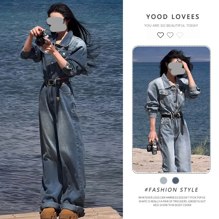 时尚Polo领长袖牛仔连体裤女2025春秋新款美式复古收腰显瘦连身裤