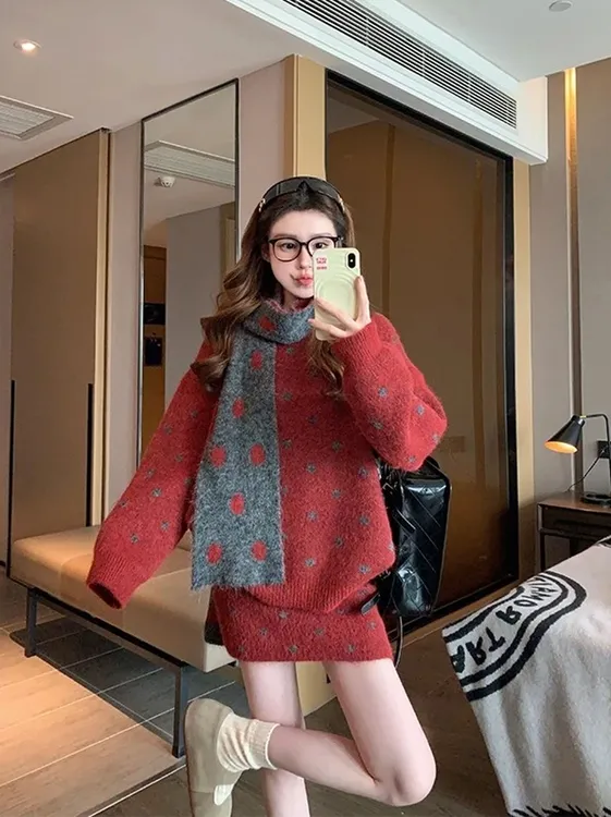 今年流行穿搭一整套女韩系慵懒风气质红色波点针织半身裙两件套装