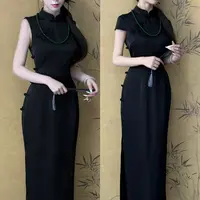 LHMknk1活动画报夫人原创自制改良夏季中式黑色旗袍 景甜玄黑