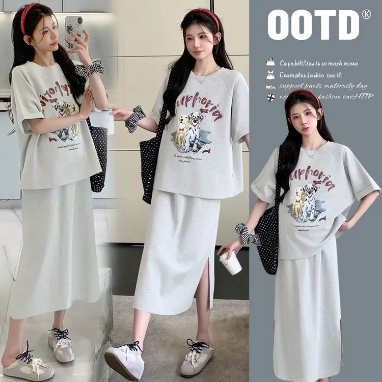 孕妇装夏季宽松短袖印花T恤搭配托腹半身裙时尚休闲韩版辣妈套装