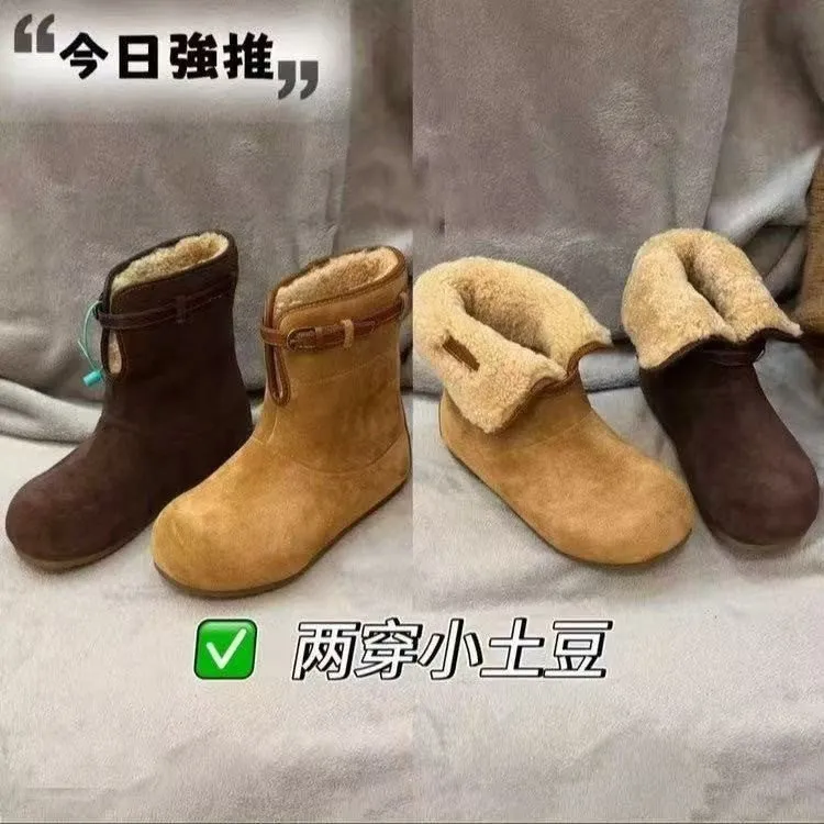 磨砂皮两穿羊羔毛加绒雪地靴女2025新款保暖一脚蹬毛毛鞋棉鞋短靴