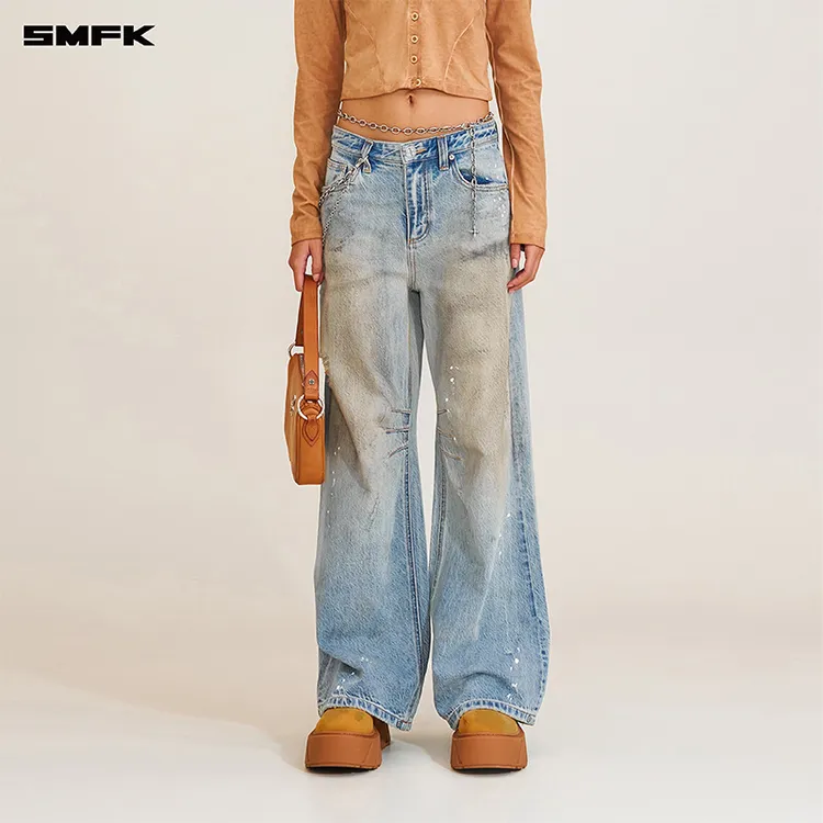 SMFK野性起源阔腿牛仔裤 PD005BLD1 擦色做旧复古脏脏长裤流光风