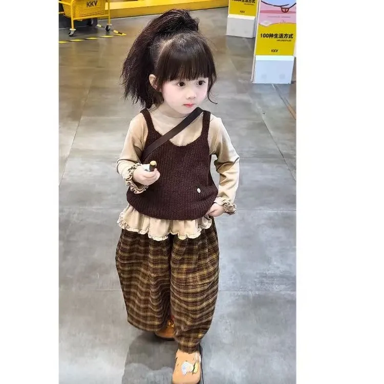 韩国童装女童叠穿针织吊带2025秋季新款休闲百搭格纹阔腿裤三件套
