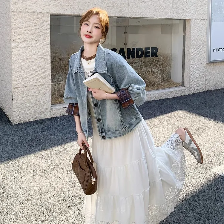 牛仔外套女2025秋季新款韩版格子拼接袖短款长袖宽松小个子夹克潮