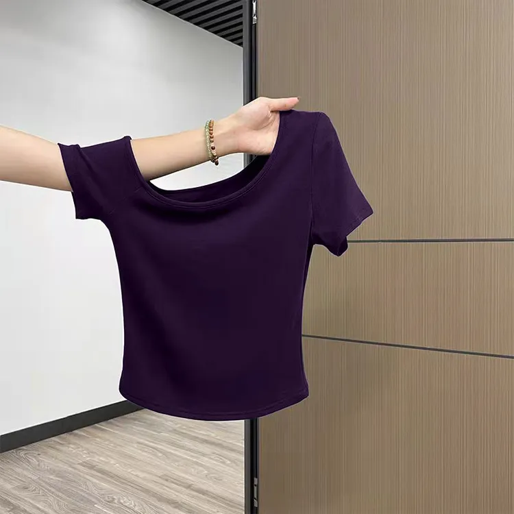 露锁骨短袖T恤女2025夏季露肩设计感纯色修身显瘦短款掐腰上衣服