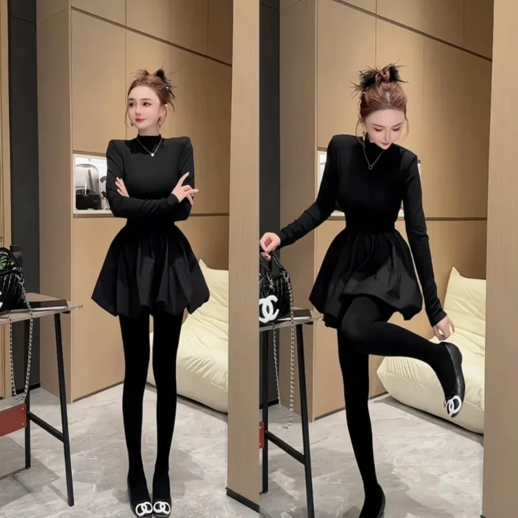 黑天鹅千金赫本高领连衣裙公主秋冬新款收腰气质黑色蓬蓬裙小黑裙