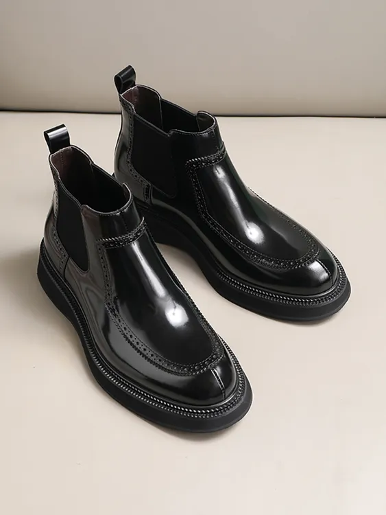 头层牛皮高档开边珠手工擦色亮面男鞋切尔西靴男士短靴子马丁靴潮