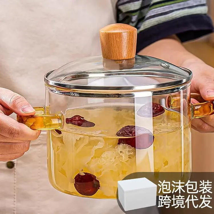 高硼硅玻璃锅明火家用燃气煲汤透明耐高温带盖带双耳传统汤锅