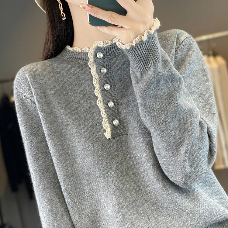 鄂尔多斯市纯100羊毛衫木耳领短款洋气针织衫百搭显瘦粉色毛衣