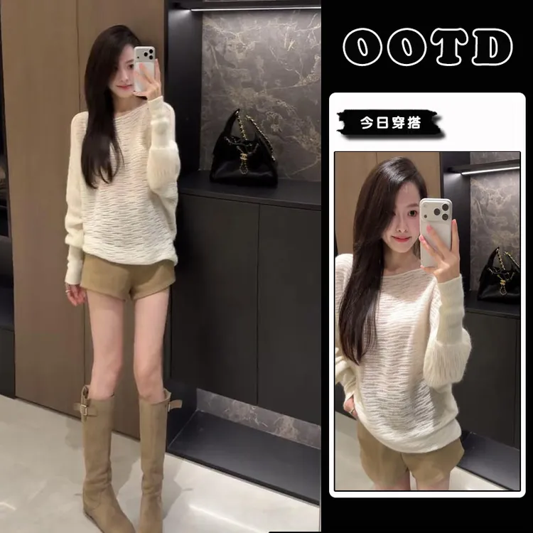 秋季流行穿搭女一整套2025新款韩版时尚简约针织毛衣短裤两件套装