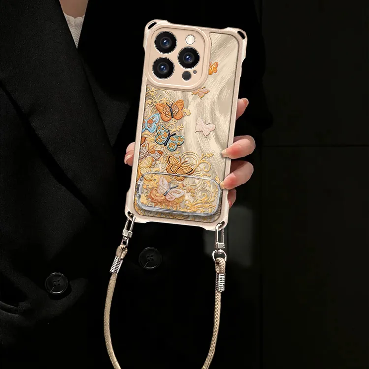 多彩蝴蝶适用苹果16Pro四角挂绳羽纱iPhone17全包15Promax手机壳商品图