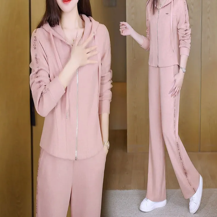 套装烫钻仿羊绒面料休闲装2025女洋气线条拉条新款收腰A类连帽