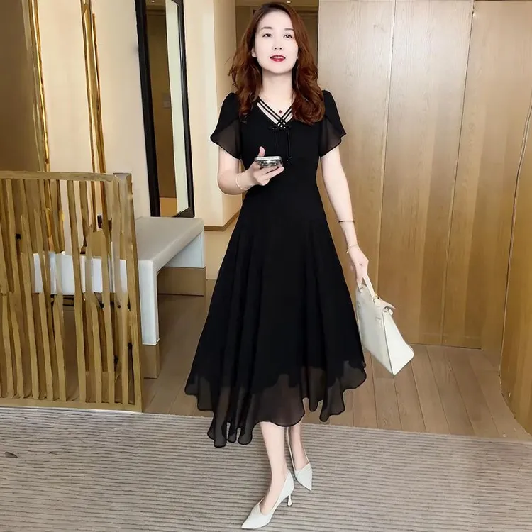 新中式妈妈装雪纺连衣裙2025夏季时尚修身气质收腰显瘦中长款裙子