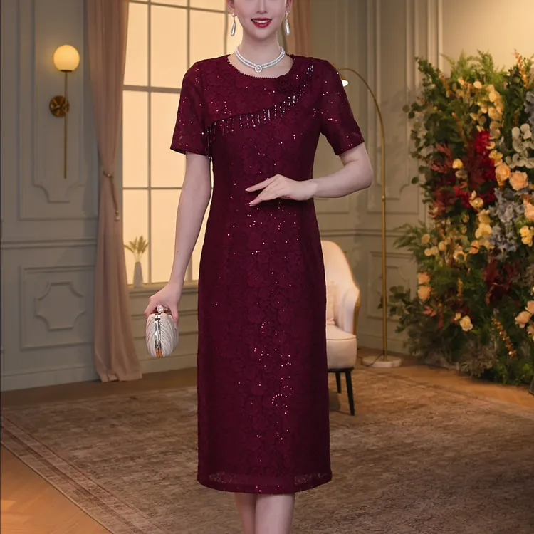 【香妮芬】83295夏款酒红蕾丝连衣裙半披肩礼服长裙喜妈妈喜婆婆