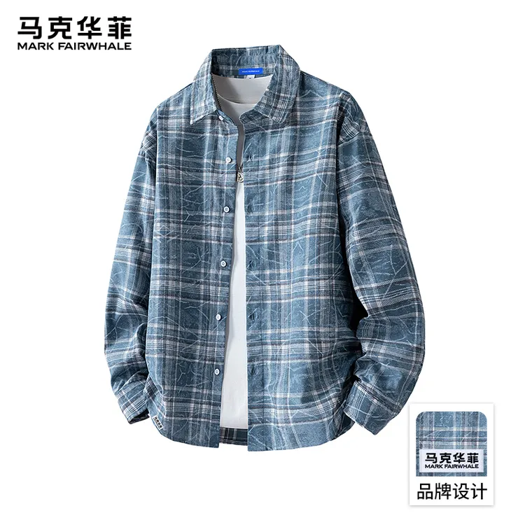 马克华菲美式复古格子长袖衬衫男春秋款宽松舒适百搭时尚休闲衬衣