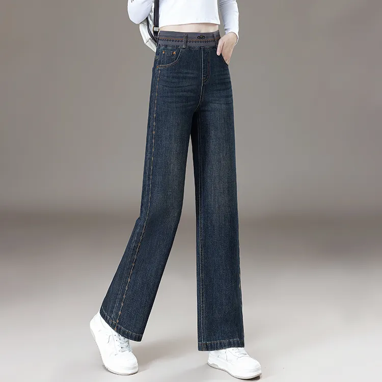 春秋季直筒牛仔裤女高腰宽松显瘦时尚刺绣松紧腰窄版秋冬阔腿裤