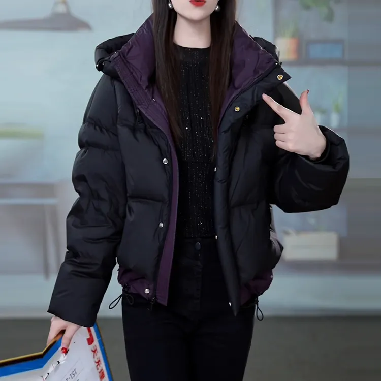 黑色连帽短款羽绒服女2025新款冬季妈妈装加厚保暖小个子显瘦外套