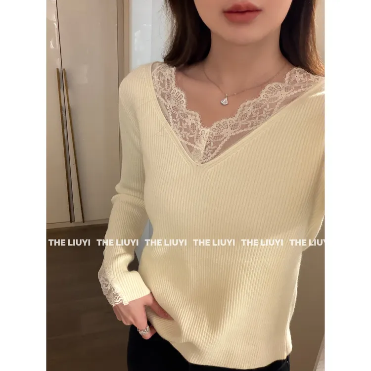 【LIUYI】韩系温柔v领蕾丝针织内搭上衣511272