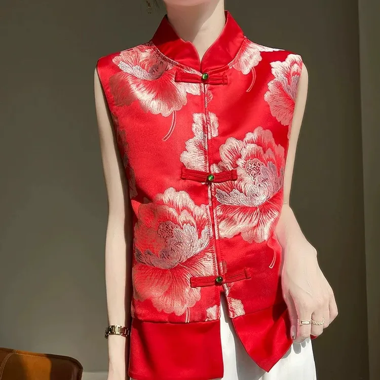 2025年新款中式国风刺绣马夹夏季缎面流苏盘扣立领马甲锻面坎肩