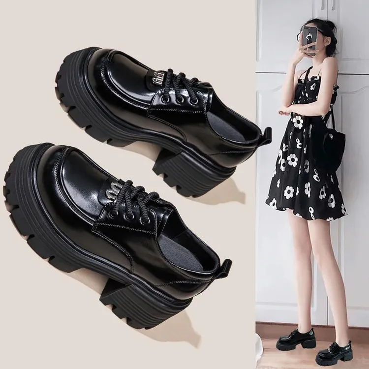 万达撤柜头层牛皮厚底英伦风小皮鞋女2025新款真皮高跟乐福鞋高跟