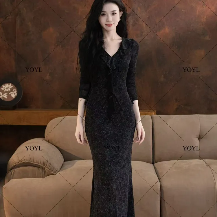 【yola】雾凇秋季新款高级法式气质显瘦假两件鱼尾连衣裙-YL11816