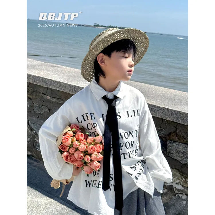Q宝家童品9月新款【校园休闲】儿童白色衬衫秋季长袖衬衣男童上衣