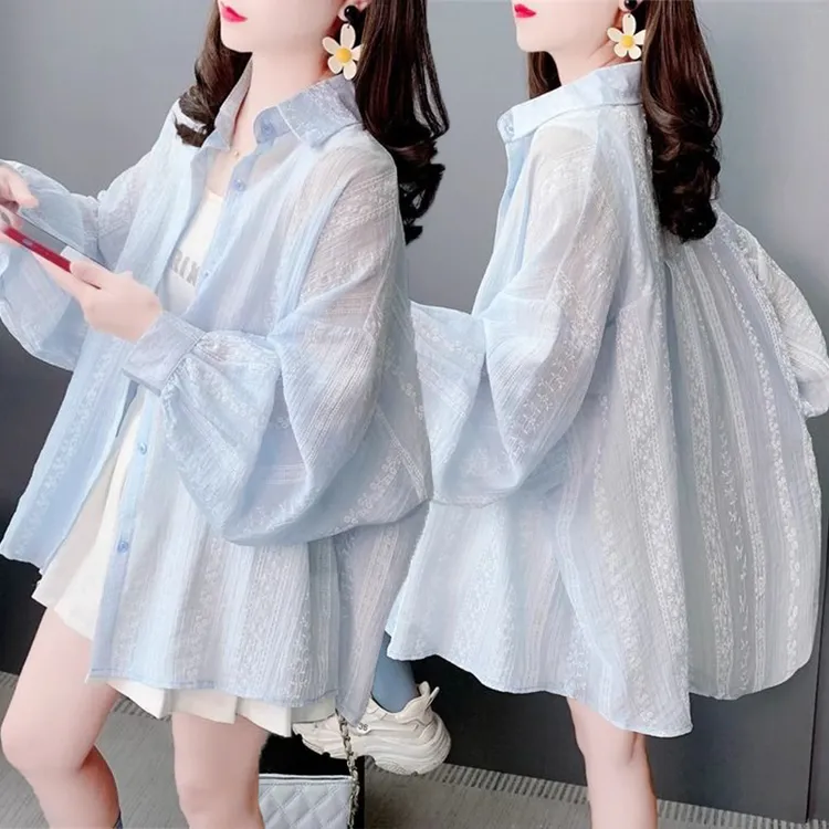 大码女装轻薄款防晒衬衫女夏季新款韩版宽松百搭外穿透气衬衣外套