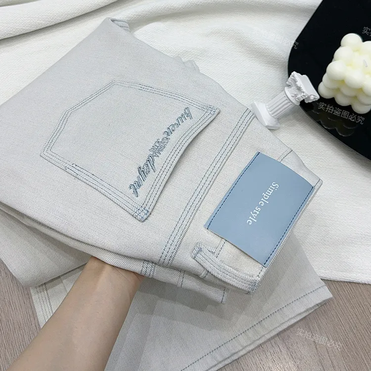 奶奶灰双色特织面料直筒牛仔裤女2025秋季新款小众高腰显瘦阔腿裤