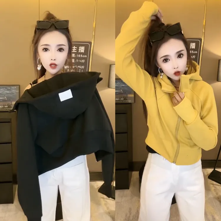 网红爆款时尚减龄宽松显瘦纯色连帽卫衣女气质休闲简约百搭上衣潮