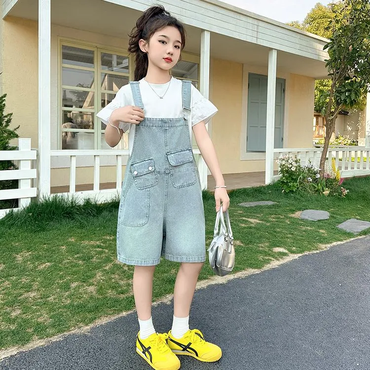 女童牛仔背带短裤套装夏装2025新款洋气女大童夏季短袖t恤两件套