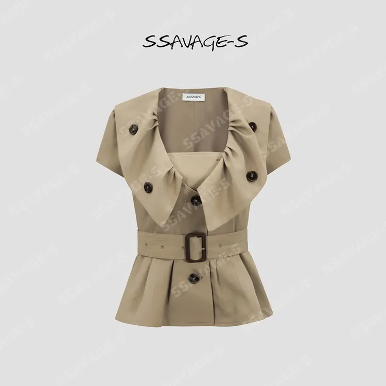 SSAVAGE“米兰达”天丝棉摩登大翻领收腰衬衫上衣SS91097