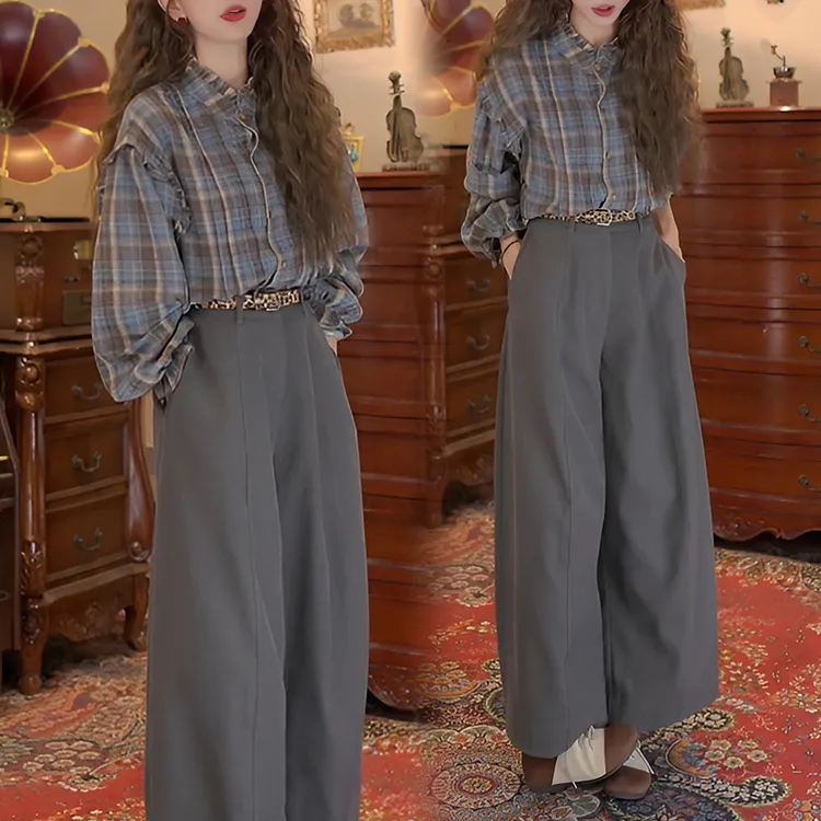 春秋氛围感穿搭慵懒风复古百搭格子衬衫休闲显瘦高腰阔腿裤套装女