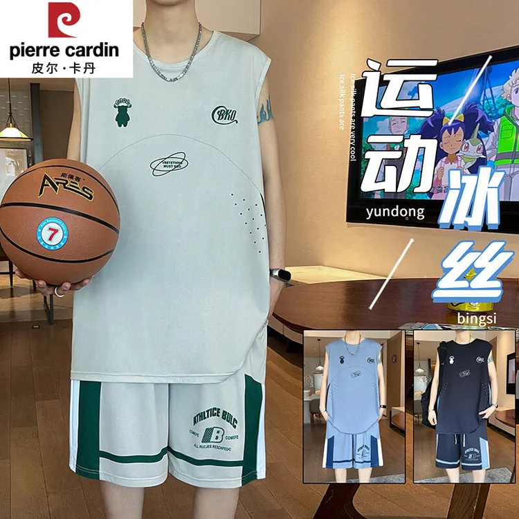 皮尔卡丹T恤爆款上衣青少年学生夏季束口裤速干运动套装聚酯纤维